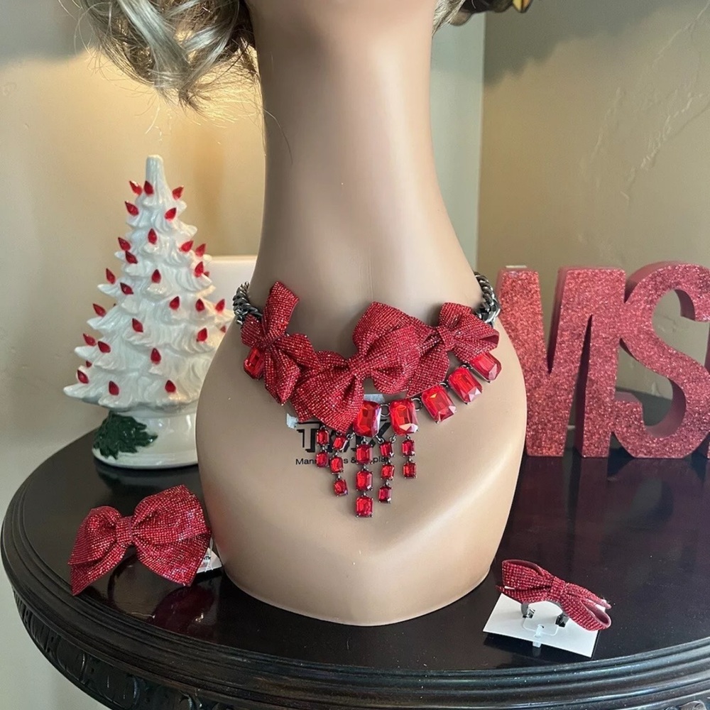 Betsey Johnson Holiday Bow Necklace, Bracelet, Ring